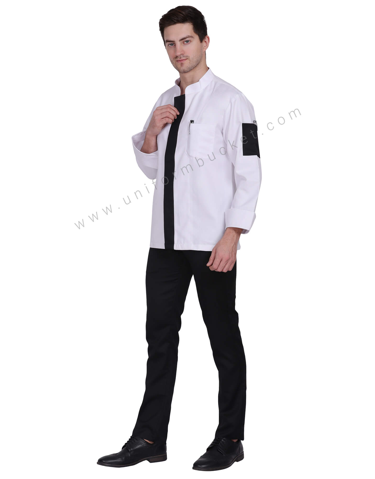 White Executive chef coat with black placket thumbnail 2