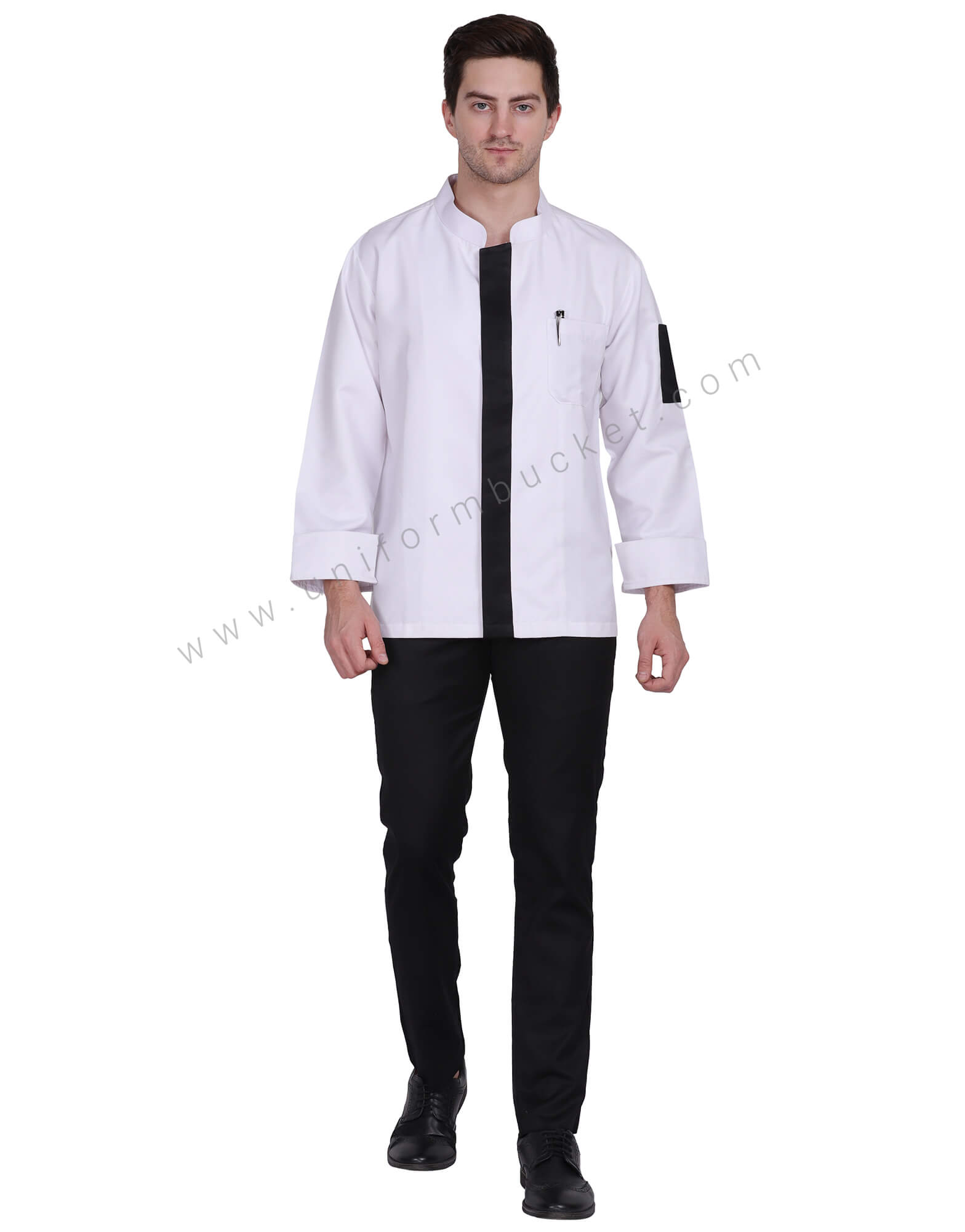 White Executive chef coat with black placket view 1