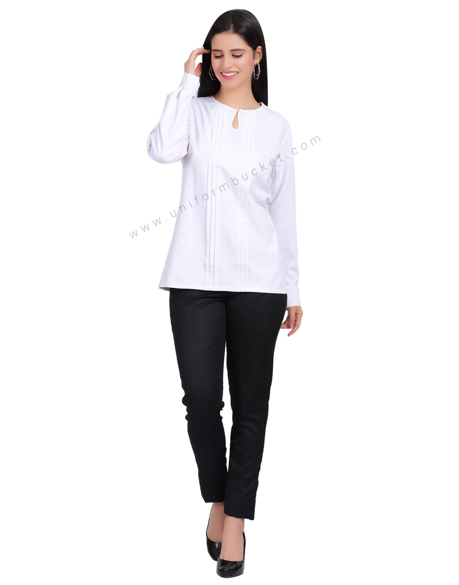 WHITE FEMALE TOP WITH FRONT PIN TUCKS thumbnail 2