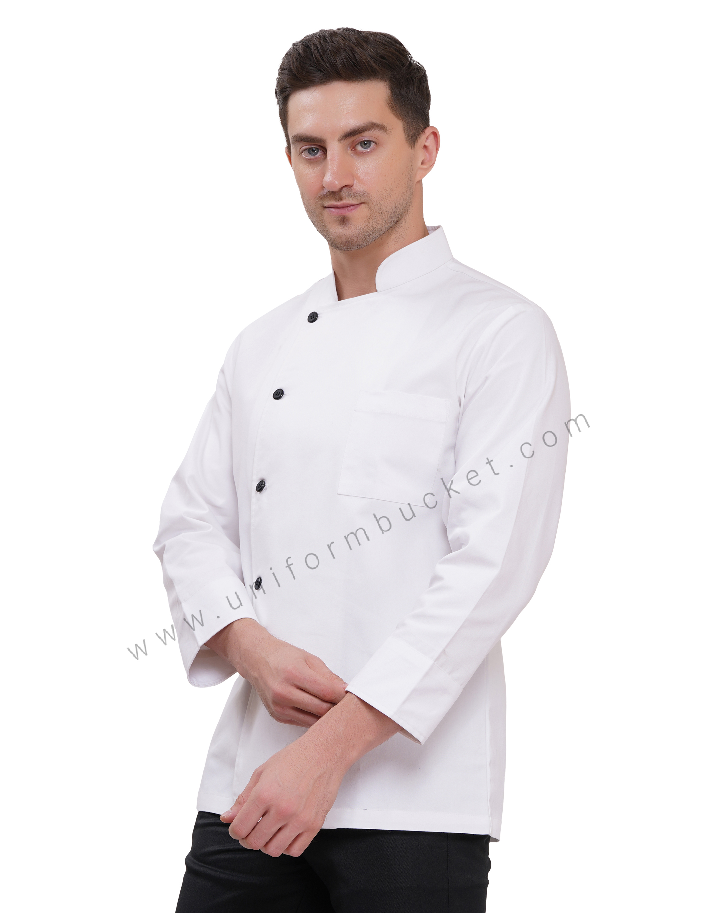 WHITE FULL SLEEVE CHEF COAT  MALE WITH BLACK BUTTONS thumbnail 2