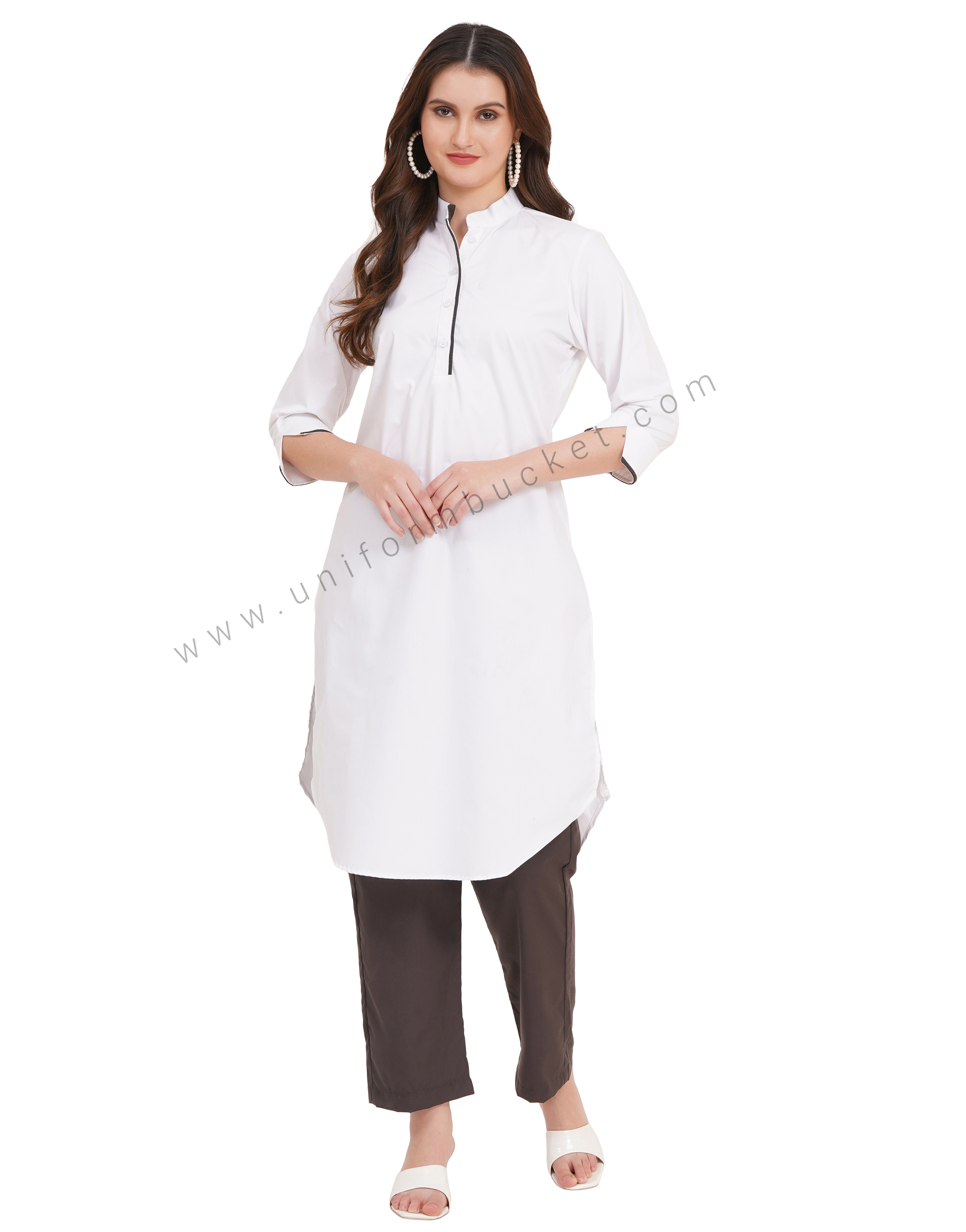 white long kurti with grey piping on placket & 3/4 sleeve v cut for female curve bottom thumbnail 2