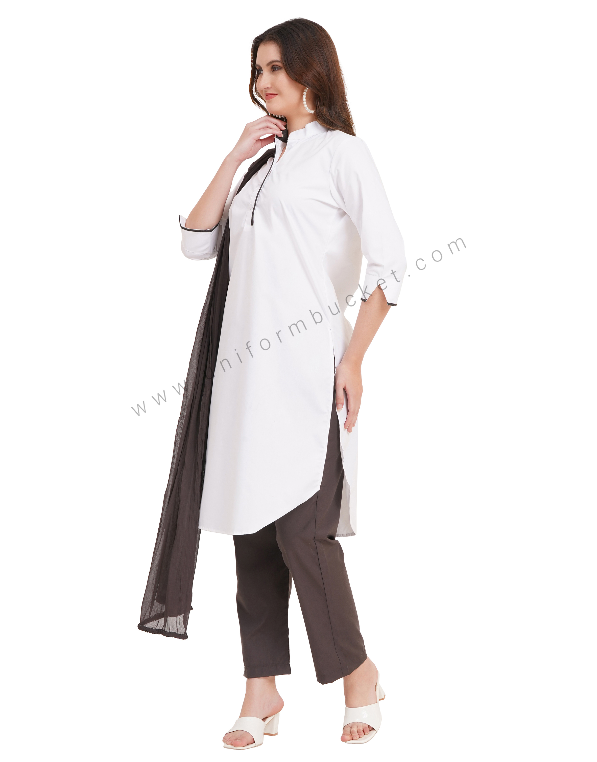white long kurti with grey piping on placket & 3/4 sleeve v cut for female curve bottom thumbnail 3
