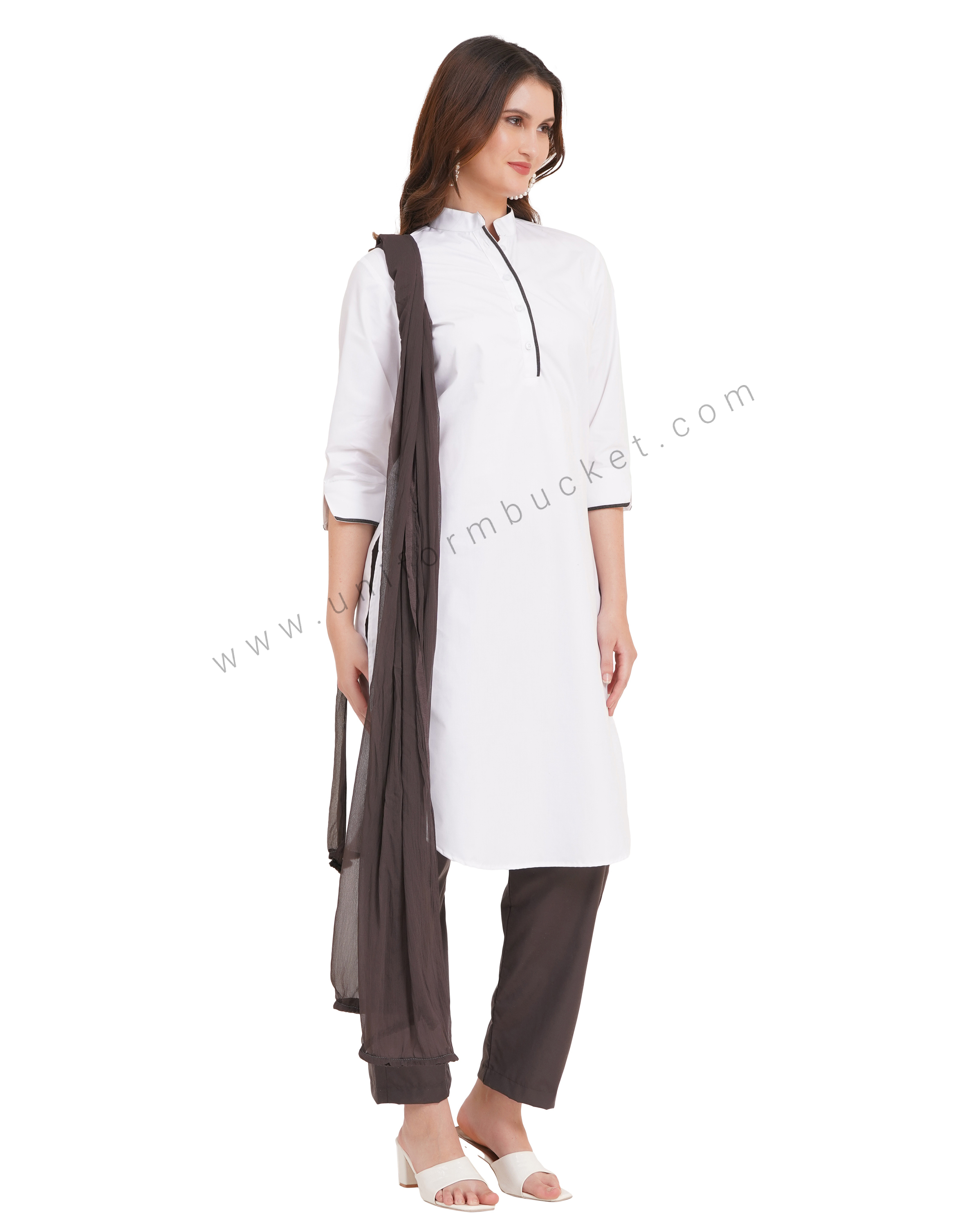 white long kurti with grey piping on placket & 3/4 sleeve v cut for female curve bottom thumbnail 4