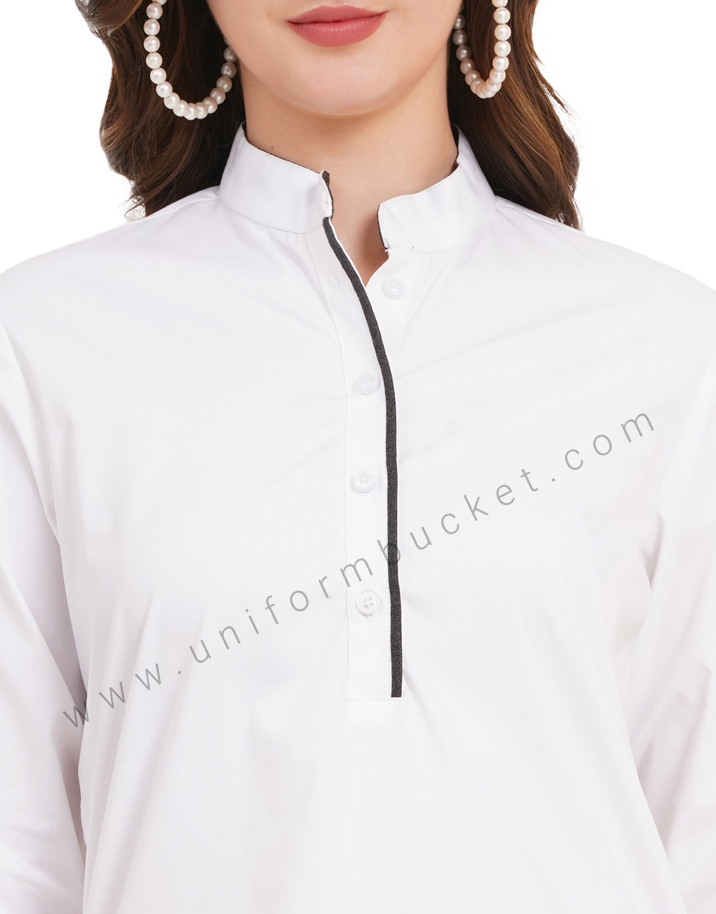 white long kurti with grey piping on placket & 3/4 sleeve v cut for female curve bottom thumbnail 5