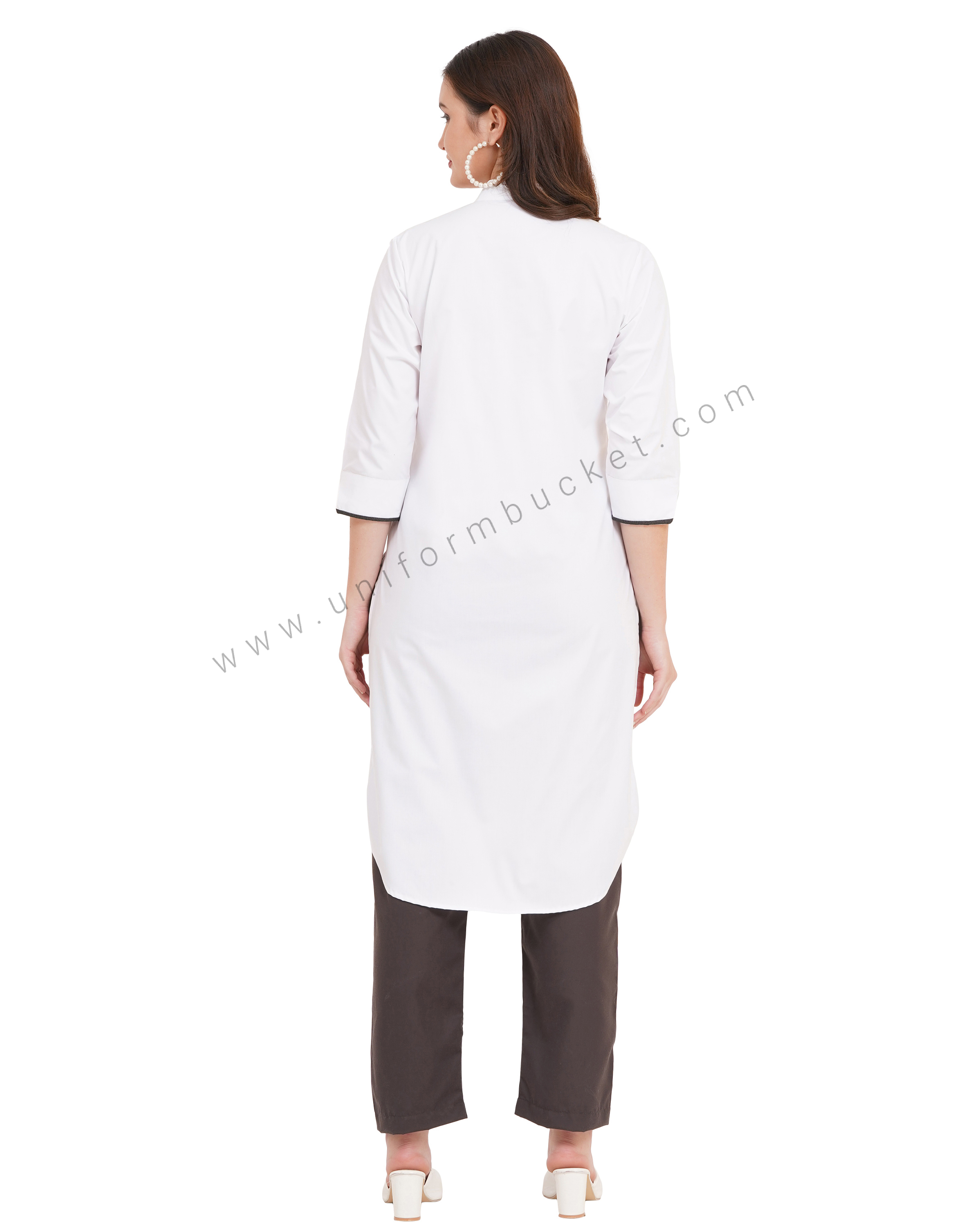 white long kurti with grey piping on placket & 3/4 sleeve v cut for female curve bottom thumbnail 6
