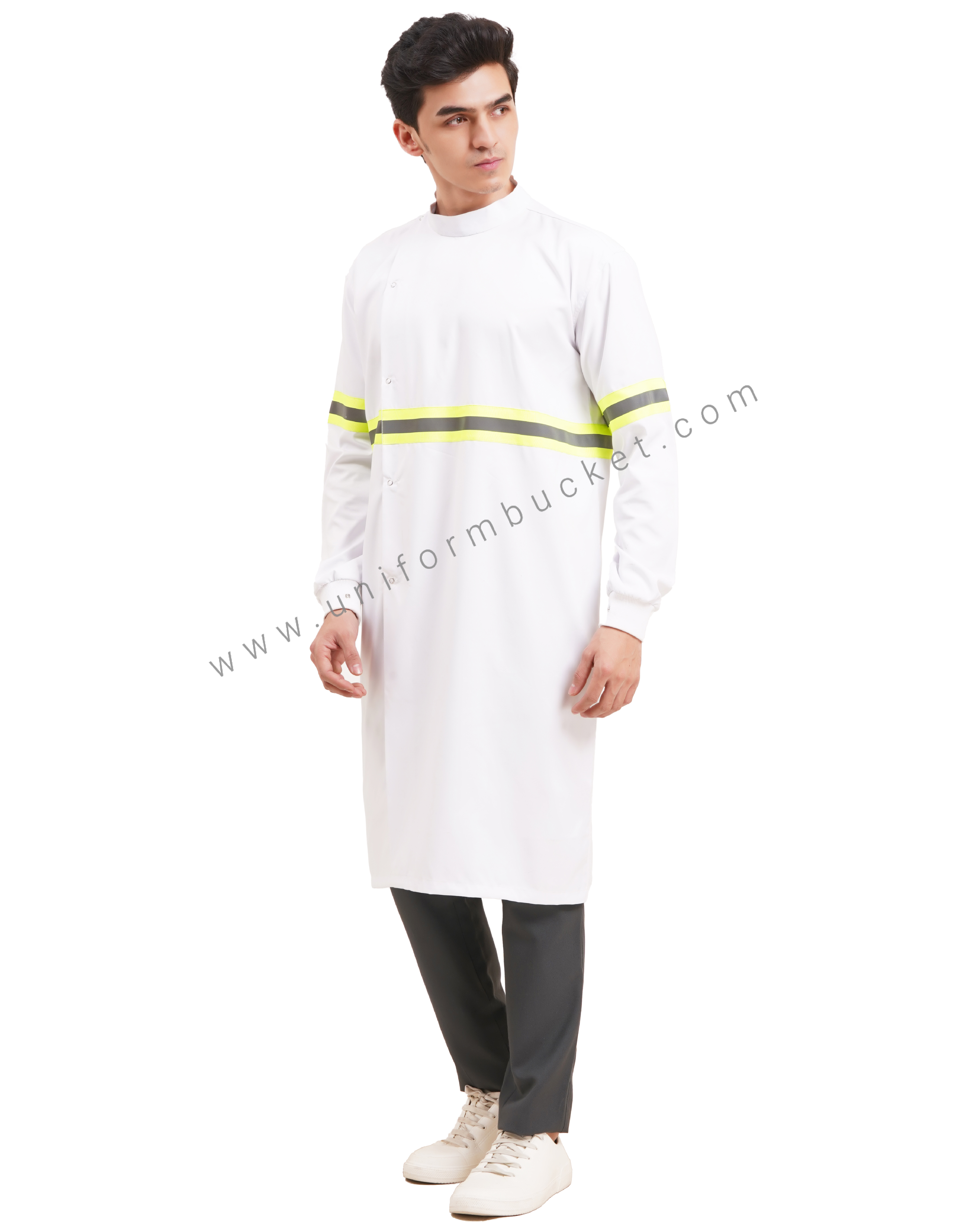white long unisex lab coat in full sleeve with consai thumbnail 2