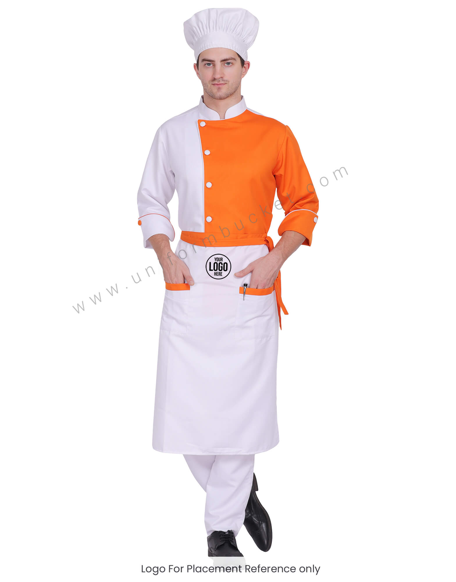 White & Orange Bistro Apron With Two Patch Pocket view 1
