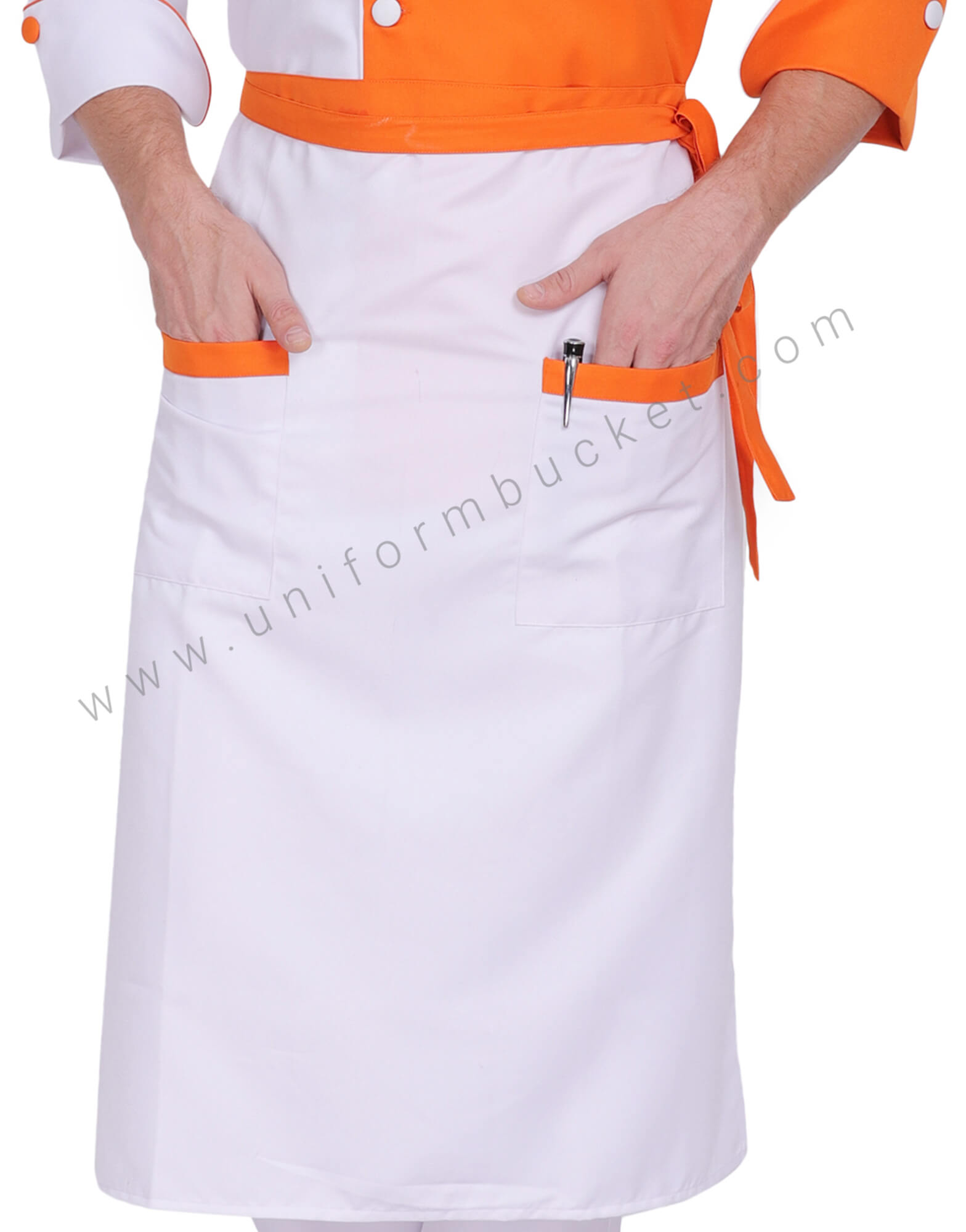 White & Orange Bistro Apron With Two Patch Pocket thumbnail 2