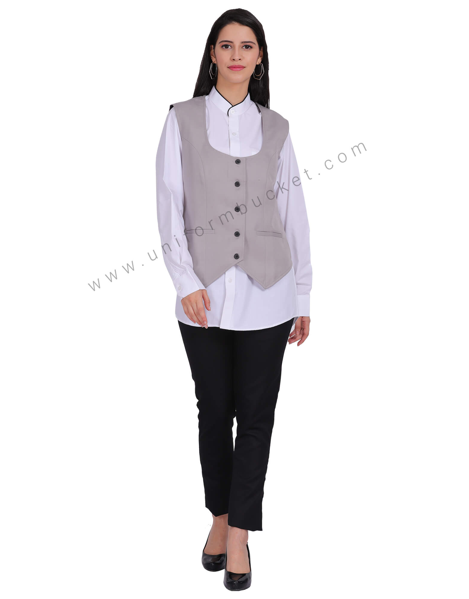 Women Deep  U-Neck  Light Grey Vest Coat thumbnail 2