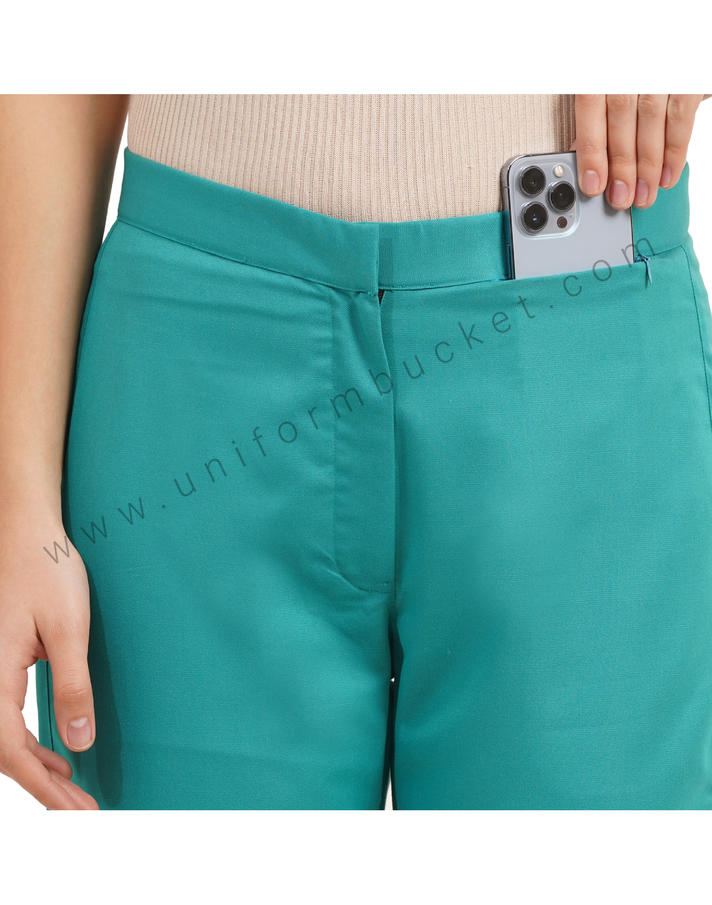 Women's Teal Tailored Work Trouser with front zip pocket thumbnail 3