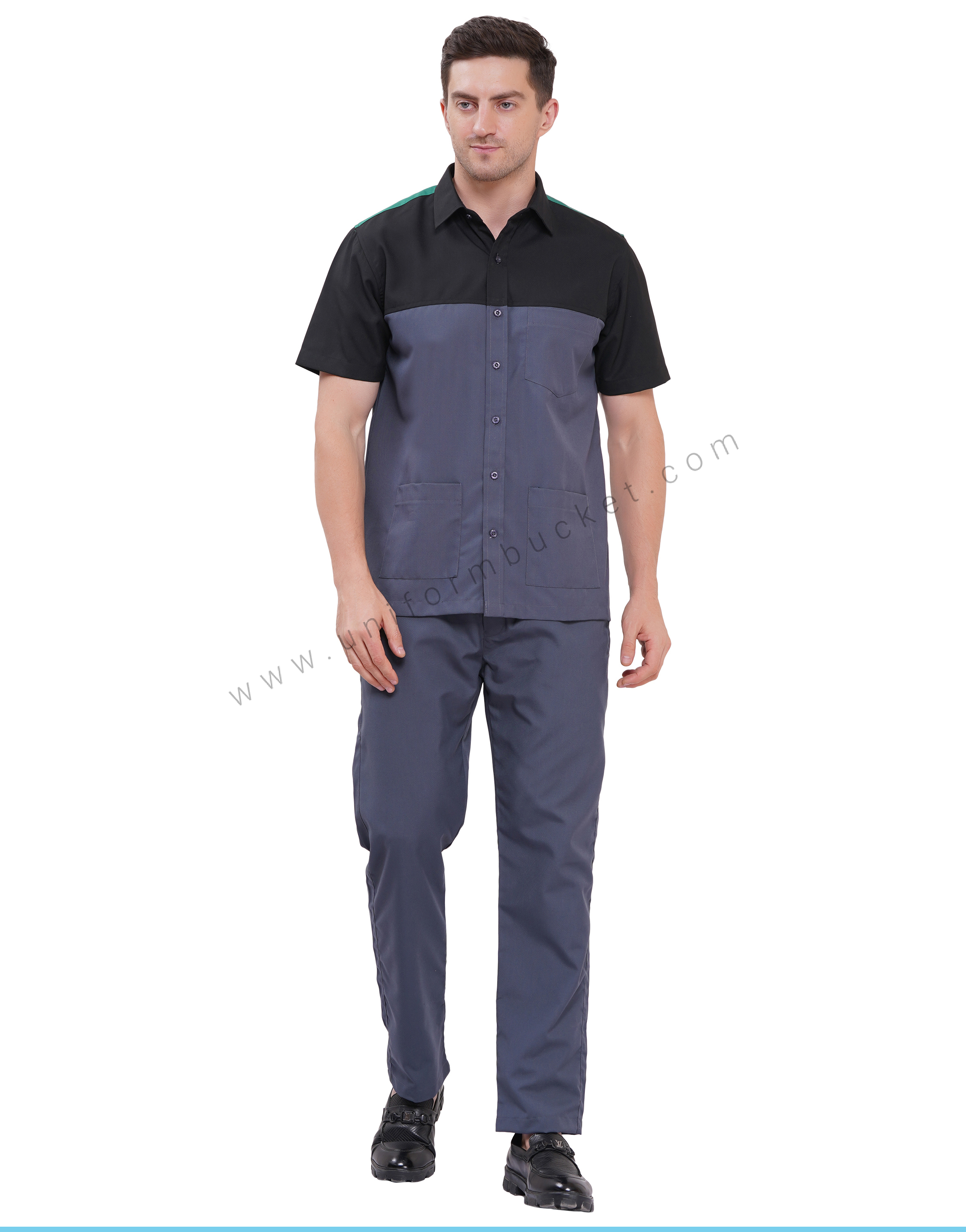 Workwear Male black & grey  Shirt with half sleeve & front & back  joint panel thumbnail 2