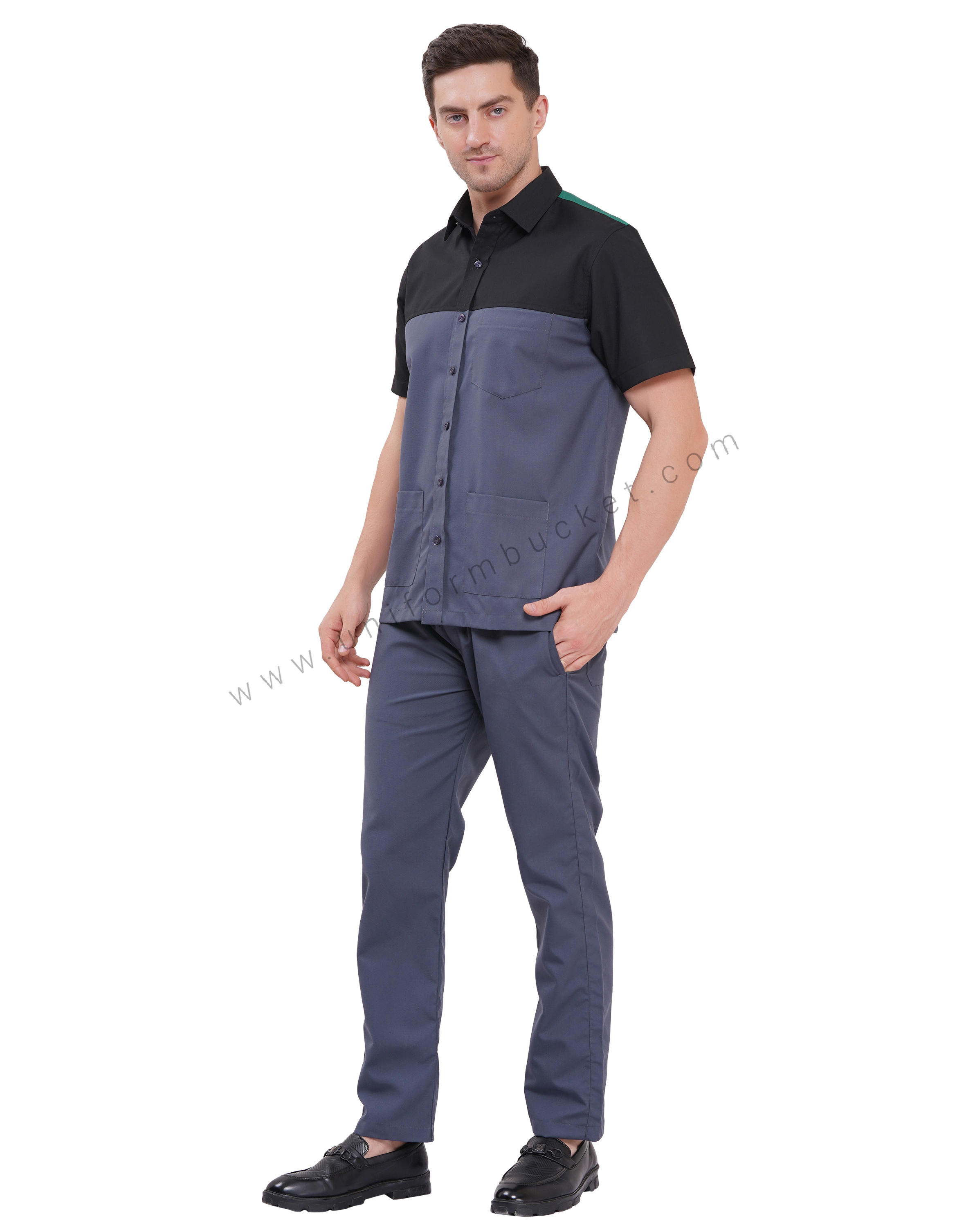 Workwear Male black & grey  Shirt with half sleeve & front & back  joint panel thumbnail 3