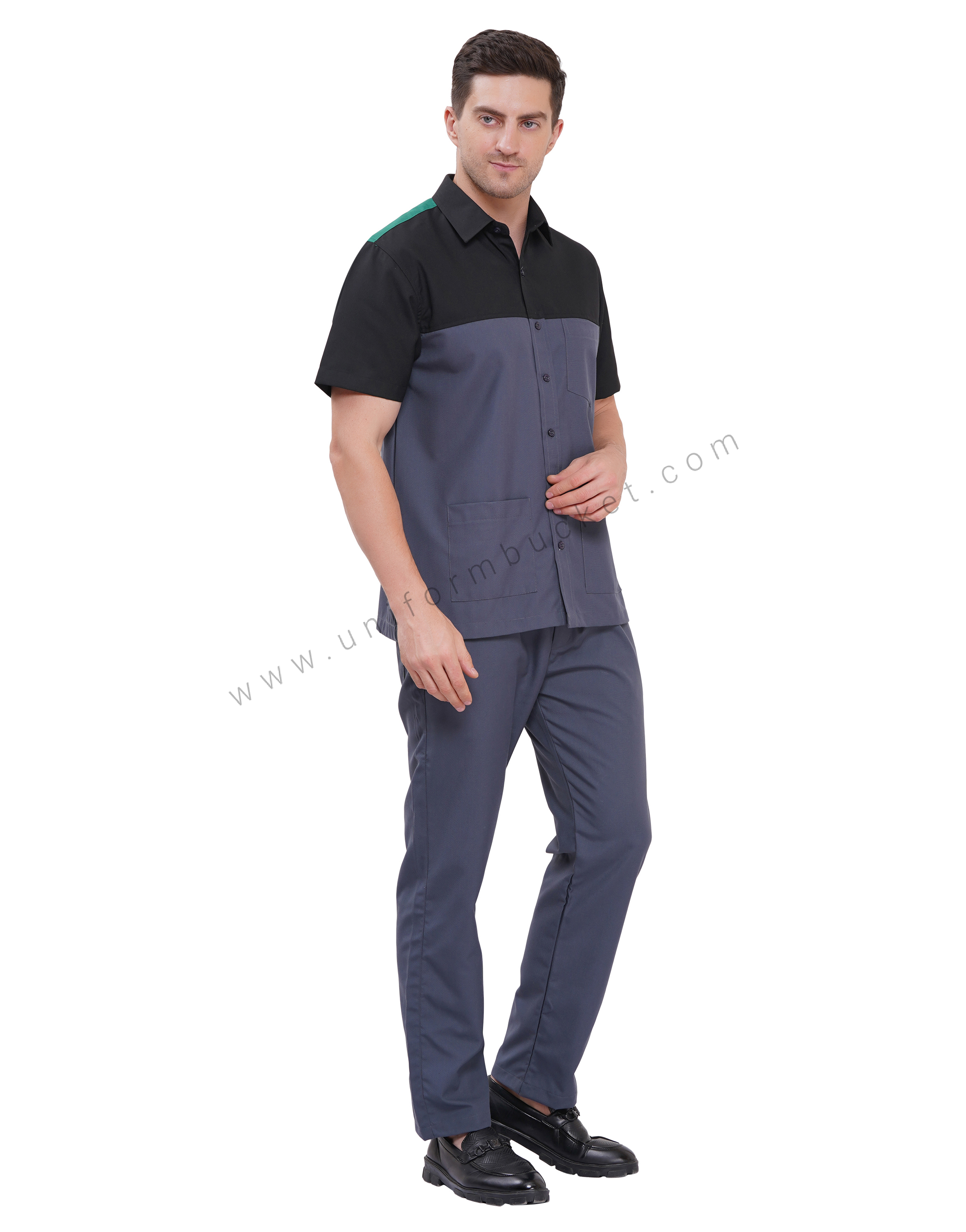 Workwear Male black & grey  Shirt with half sleeve & front & back  joint panel thumbnail 4