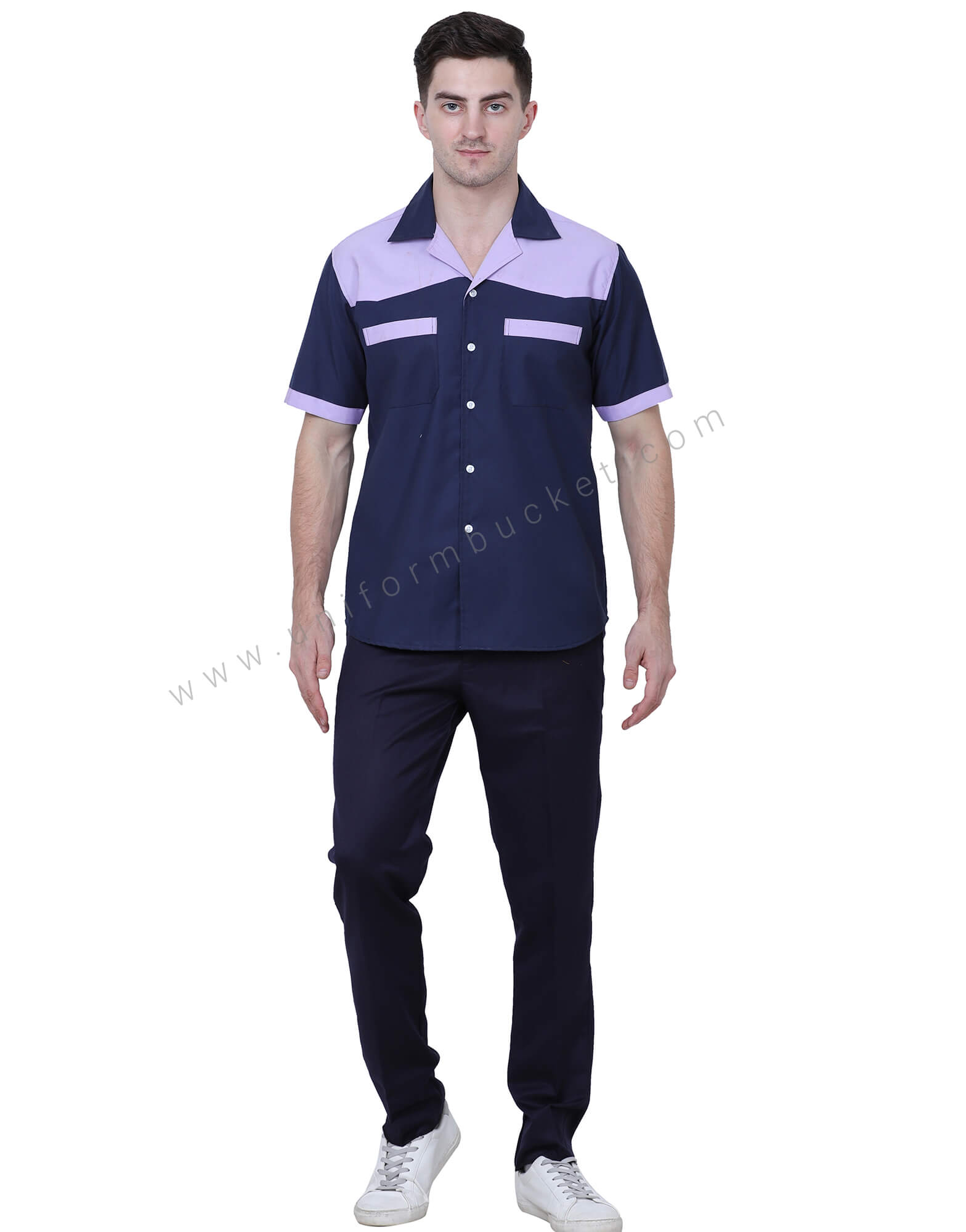 Lapel Collar Navy Blue Shirt With Orchid Purple trims view 2